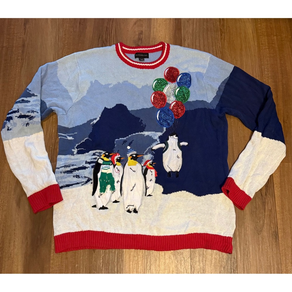 Blizzard Bay Mens XXL Penguin Balloon Ugly Christmas Sweater Blue Cotton Grandpa